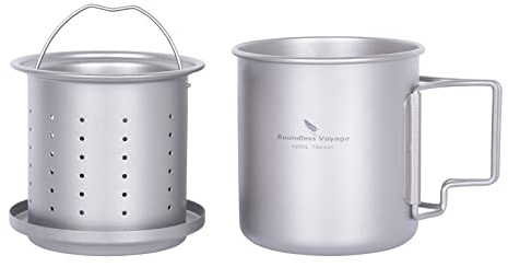 iBasingo Gobelet en titane de 420 ml avec infuseur et couvercle - Tasse légère avec filtre - Camping en plein air - Tasse à café monocouche avec poignée pliante portable - Randonnée - Voyage -