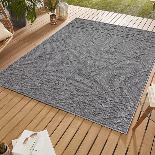 SIMPEX Outdoor Teppich, Berber Design, Teppich Grau, 80 x 150 cm, Teppich Boho-Stil, Küche, Balkon, Terrasse, Garten, Picknick