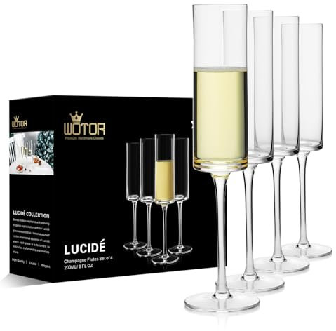 WOTOR Kristall-Champagnerflöten, mundgeblasene Champagnergläser, 4 Stück, für Frauen, Männer, einzigartiges Geschenk für Geburtstag, Hochzeit, Jahrestag, 200 ml, transparent