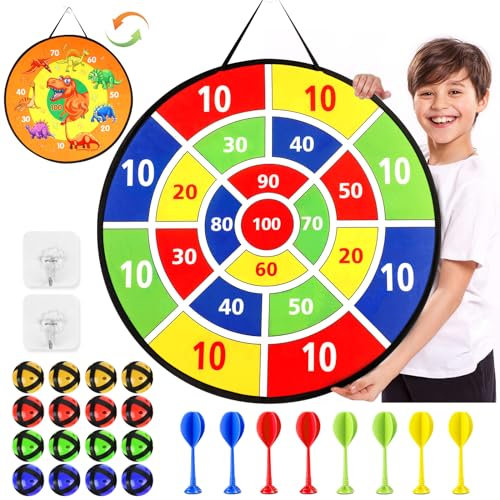 26 Inches Kids Toys Dart Board,Dinosaur Theme Double Sided with 16 Sticky Balls and 8 Darts, Safe Indoor Outdoor Sports Party Game Toys for 3 4 5 6 7 8+ Years Old Boys Girls Gift
