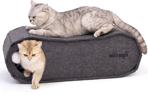 NATUYA Cat Bed for Indoor Cats, Large Cat Cave Lounger, Enclosed Felt Cats House with Toy Ball, Scratch Detachable Kittens Hideaway Bed