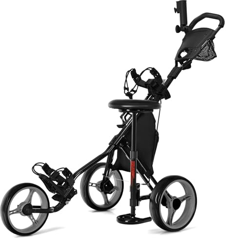 GOPLUS Chariot de Golf à 3 Roues,Voiturettes Golf à 3 Roues Pliable, Pousser Tirer Deluxe, Chariot de Golf Manuel, Ouverture Facile, 130x75x98,5-115,5cm (Gris)