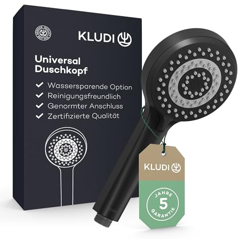 KLUDI-X1 Douchette anti calcaire avec 3 types de jets, douchette économisant l'eau en option (standard 15l/min, option 9 l/min, douchette à main (Ø10,7 cm), noir mat