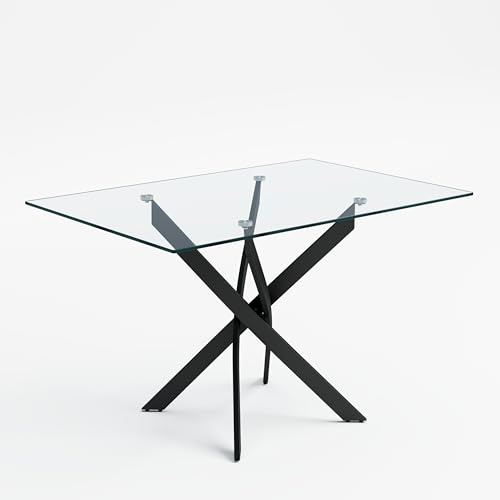GOLDFAN Table a Manger en Verre Noir, Table de Salle a Manger Moderne Transparente avec Base en X, 110 cm