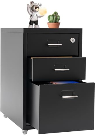 QIUTMER 3-Tier Vertical File Cabinet, Cold-Rolled Steel Mobile File Cabinet with Lock, Filing Cabinet Under Desk fits Legal, Letter, A4 Size, for Home Office Study Dresser