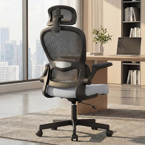 Blisswood Office Chair, Computer Desk Chairs with Lumbar Support, Ergonomic Office Chair with Adjustable Height, Flip-up Armrests, 130° Recline 360° Swivel for Home Office Working (Grey & Black)