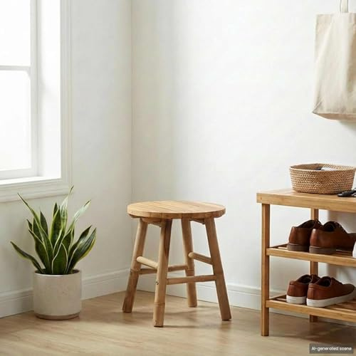 Ziaphsol Tabouret de jardin en bambou naturel Ø 38 x 42 cm, siège sans dossier, pliable, empilable, tabouret léger pour jardin, balcon, terrasse, base stable pour 110 kg