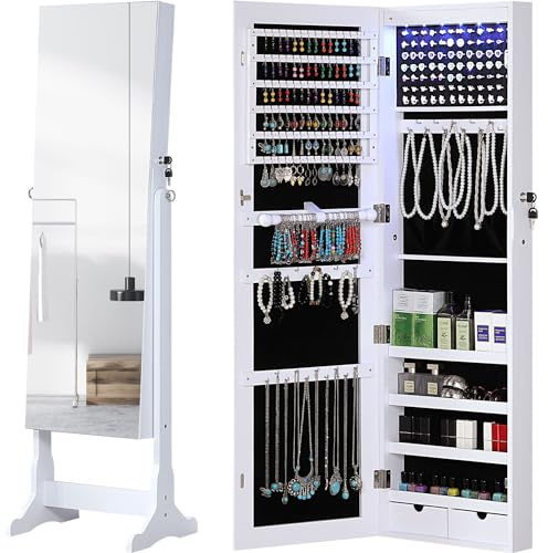 GISSAR Jewelry Organizer Full Length Mirror Jewelry Cabinet Standing/Wall/Hanging Door Jewelry Armoire Storage with Lights, Lockable, White