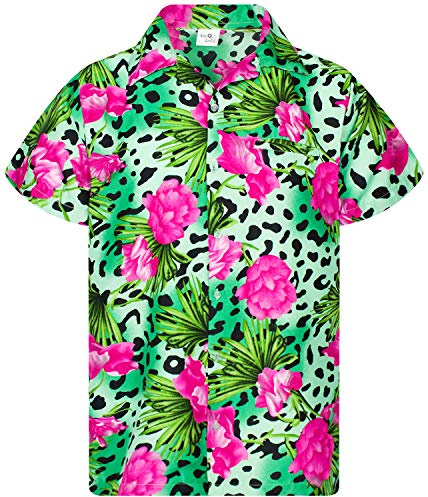 King Kameha Funky Hawaii-Hemd, Herren, Kurzarm, Leopard-Flowers, Grün, L