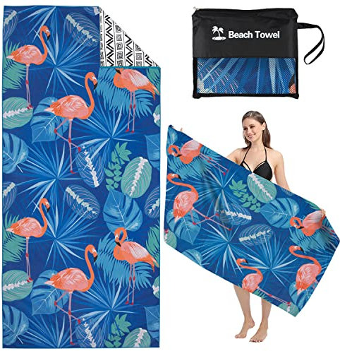 Mikrofaser Strandtuch,180x80cm Microfaser Badetuch Groß,Microfaser Handtücher, Schnell Trocknendes Strandhandtuch,Sandfreies Leicht Handtuch Damen für Reisen Strand Pool Schwimmen Sauna Flamingo Blau