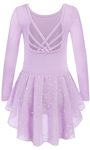 Arshiner Ballet Leotard for Girls Long Sleeve Bow Back Chiffon Shinny Skirted Basic Team Dance Ballet Dress,Lilac,6-7Y