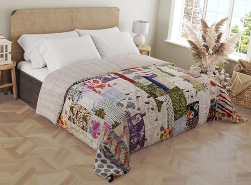 Marubhumi Blankets Handmade Cotton Quilts Kantha Blanket Indian Silk Sari Patchwork Quilts, White - King 108 x 108