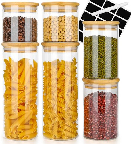Otauoaea Tarros de Cristal con Tapa, Juego de 6 Botes de Cristal con Tapa de Bambú, Botes Hermeticos Cristal para Pasta, Cereales, Alubias, Té [2x 1000ml + 2x 600ml + 2x 400ml]