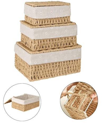 HJYDGJ Lot de 3 paniers de rangement bohème avec couvercle - Panier d'étagère carré tressé en corde de papier beige
