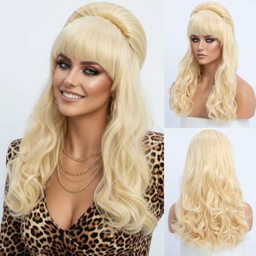 SIMKAYLEE Bouffant bikupa blond peruk för kvinnor blond vintage peruk med lugg lugg klassisk blond 60-tal peruker vågiga lockiga långa blonda peruker fin klänning 80-tal 70-tal halloween kostym fest