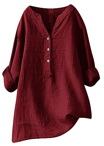 HAOLEI Chemise Femme Lin Chemisier Coton Et Lin pour Femmes Col en V Bouton Manches Longues Tops Couleur Unie LâChe Respirant T-Shirts Grande Taille Pas Casual Tunique Blouse