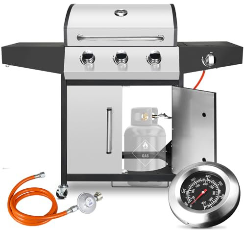 Barbacoa a Gas 3+1 Quemadores de Acero Inoxidable, 13,5 kw Parrilla de Gas con Estufa lateral, Termómetro, Ruedas Freno, DE I3B/P(50) Regulador de Presión, BBQ Gas Camping Jardín (Butano/Propano)