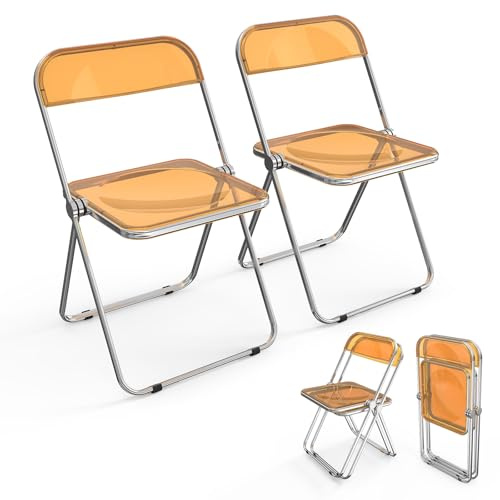 Bonnlo Set de 2 Sillas Plegables – Sillas de Comedor, Jardín, Camping, Plegables, para Balcón, Sala de Estar, Restaurante y Conferencias, Ergonómicas, 47x47x75 cm, hasta 150 kg, Naranja Transparente