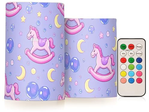 SyXIOP Linda estrella de caballo balancín de dibujos animados, color morado melocotón, velas parpadeantes decorativas que funcionan con pilas, luces electrónicas resistentes al viento con temporizador