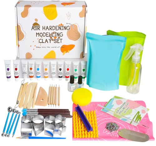 Kit Ceramica Fai da Te per Principianti, Ceramica Senza Cottura, Kit di Argilla ad Asciugatura all'aria per Adulti Include Vari Strumenti per Intagliare/Modellare, Pigmenti, Timbri Con lettere, ecc