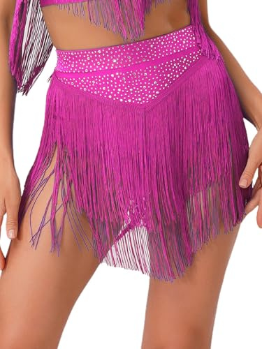 Fldy Jupe De Danse Latine Lyrique pour Femmes Jupes avec Franges Shorts Costume De Danse De Salon Minijupe Rose Vif L