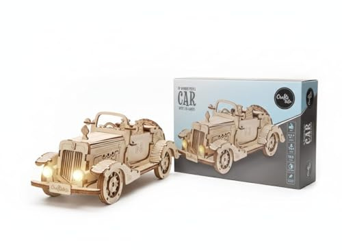 Puzzle 3D in legno per auto con LED Crafts&Co – Modellino fai da te da costruire da soli – 153 pezzi – Modello auto vintage – Kit creativo per adulti e adolescenti 14+ – Puzzle in legno decorativo