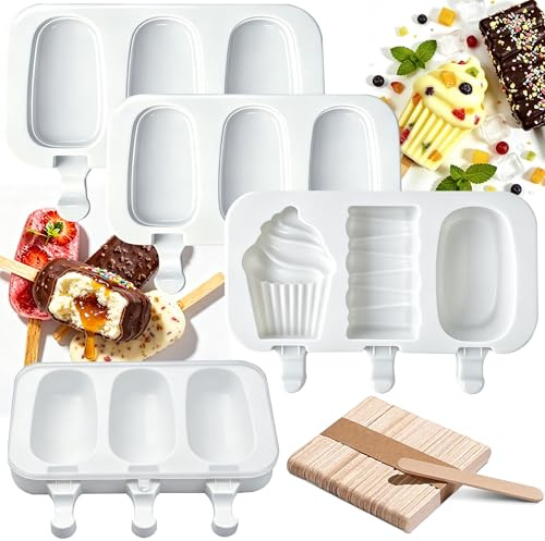 3 Piezas Molde de Helado de Silicona con 50 Palos Madera, Popsicle Moldes 9 Cavidades, de Paletas de Hielo, DIY, Chocolate Postre Congelado