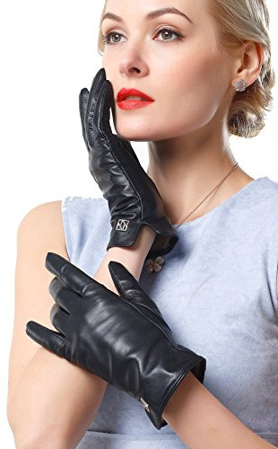 NappaNovum Damen Italienische Lederhandschuhe Lammfell Winter Komfort Handschuhe (Touchscreen oder Nicht-Touchscreen), Schwarz, Medium