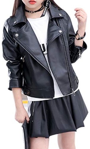 Elife Girls Fashion PU Leather Motorcycle Jacket Children's Outerwear Slim Coat 2-12 Years, Black, 9-10 years