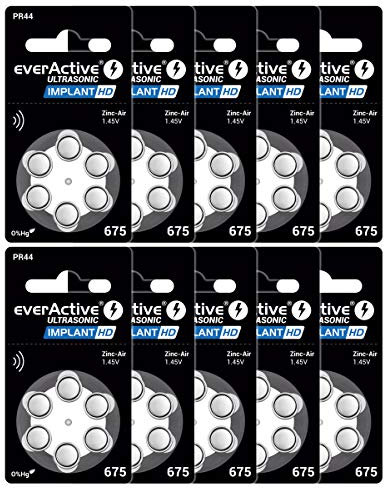 everActive 675, 60 Stück, Hörgerätebatterien, hohe Leistung, Zink-Luft-Batterien, 10 Blisterkarte, 4-jährige Haltbarkeit, blau, Implant HD PR44, BCEV675I6