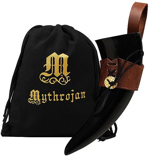 Mythrojan Viking Drinking Horn with Leather Holster, Medieval Handmade Beer Cup 100% Genuine Real Ox Horn, Food Grade Drinking Horn with Canvas Pouch, Vintage Home Decor Gifts - 250 ML/8.45oz