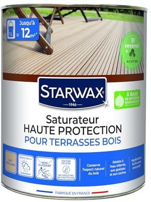 STARWAX - Saturateur Haute Protection - pour Terrasses et Bois Extérieurs Incolore - Protège et Nourrit en Profondeur - Empêche Le Dessèchement - Fabriqué en France - 1L - 10 à 12m²
