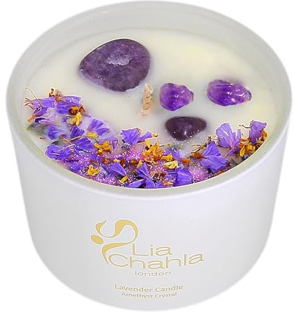 Lavender Candles Gifts for Women with Amethyst Crystals for Sleep, Relaxation & Stress Relief – Aromatherapy Soy Candle 30 Hrs – Christmas Gifts