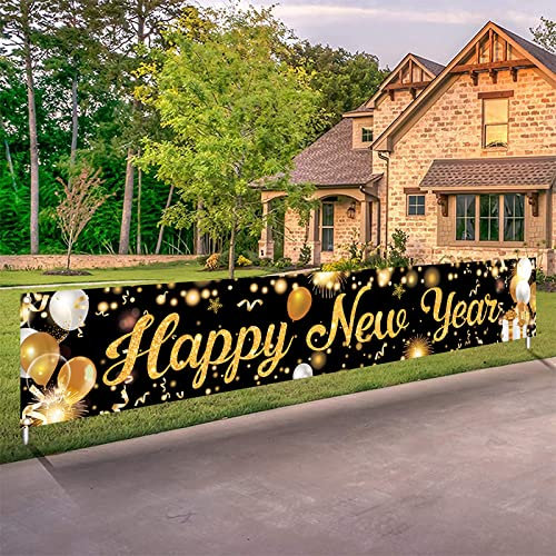 Neujahr Party Dekorationen, Silvester Deko 2025 Schwarz und Gold, Happy New Year Banner Outdoor, 2025 Banner für Neujahrsdeko, Silvesterpartydeko Garten Wand