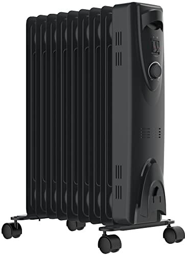 MYLEK Oil Filled Heater Radiators 2000W, Electric Portable Black Heaters, Adjustable Thermostat, 3 Heat Settings, Energy Efficient, Safety Tip Over Protection (2KW Black)