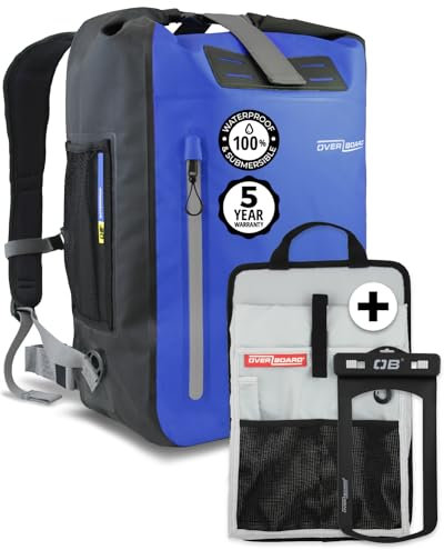 Overboard Blauer wasserdichter Rucksack, 45 l, Roll-Top, schwimmende Trockentasche für Kajakfahren, Strand, Bootfahren, Wandern, Angeln, Rafting, inklusive wasserdichter Handytasche und