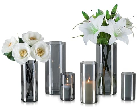Hewory Vas svart för dekoration lägenhet: 6 vaser set chic blomvas moderna glasvaser för bordsdekoration – vacker glasvas cylinder lykta glas svart vas grå för gåva flickvän matbord dekoration