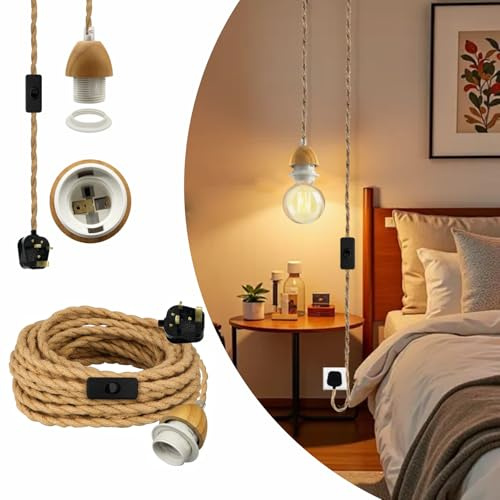 Wrpacttg Vintage Hemp Rope Hanging Lamps, 510 cm E27 Lamp Holder Suspended Pendant Light Fitting Kit, Rustic Plug in Pendant Lighting, Retro Plug in Hanging Lamp Fixtures, DIY Lampshade, for Loft