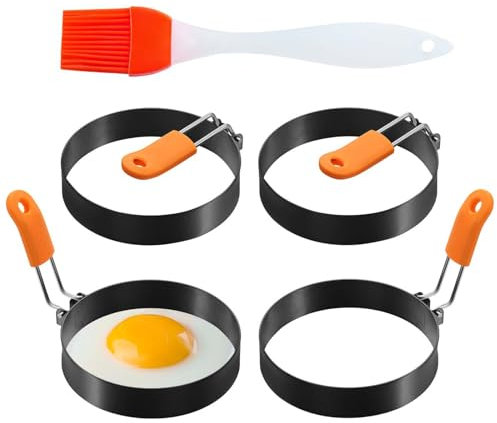 Set di 4 stampi per uova in acciaio inox - antiaderenti con manici in silicone - per uova fritte, pancake e muffin in forme creative