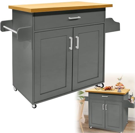 HENGMEI Carrito de cocina, isla de cocina, carrito con ruedas, 1 cajón, armario de 2 niveles, con toallero, carrito para servir, para cocina, boda al aire libre, hotel, 115 x 36 x 90 cm (gris)