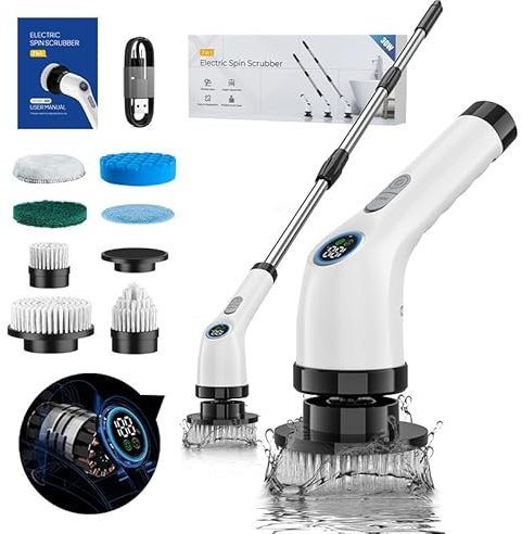 Cepillo de limpieza eléctrico, cepillo eléctrico inalámbrico con 8 cabezales de cepillo intercambiables, cepillo de limpieza de ducha con mango ajustable para baño, cepillo de limpieza eléctrico