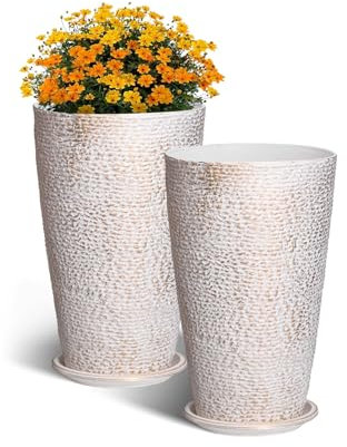 VEVOR Set of 2 Tall Outdoor Planters 21 H, Round Large Planters For Front Porch and Patio, Stone Finish Flower Tree Plant Pots