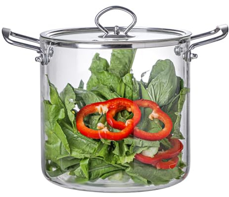 Pentola in vetro trasparente con coperchio, 5,5 l, resistente al calore, con manici in acciaio inox, pentola per cuocere a fuoco lento per pasta, pasta, zuppa, latte, 30,5 x 20,3 cm