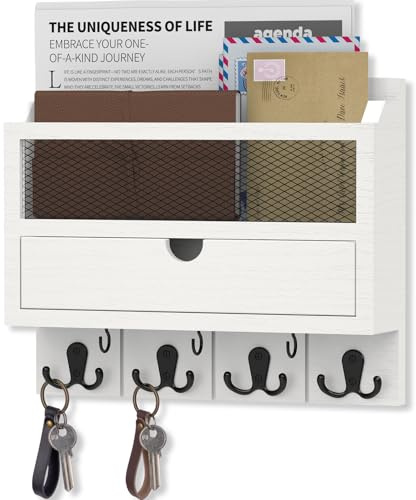 Nekon Key Holder with Drawer for Wall, 12 W x 10 H x 3.1 D Mail Sorter Wall Mounted, Wooden Key Holder Home Organizer Letter Sorter for Letter Magazines (White)