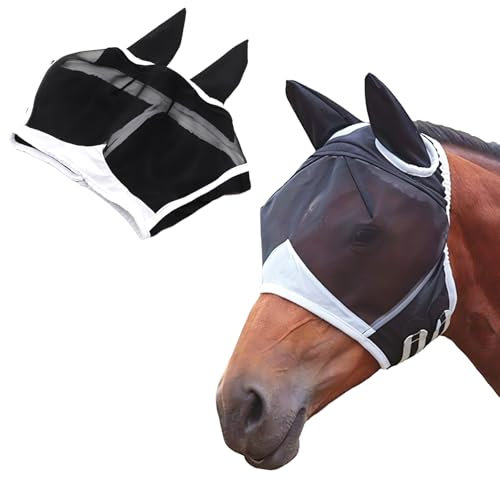 Atmungsaktive Moskito Maske, Fliegenmaske Pferd mit Ohrenschutz, Pferdemaske für Fliegenschutz, Fliegenmaske Pferd Cob, leichte Fliegenhaube für Pferde, UV-Schutz und Insektenschutz