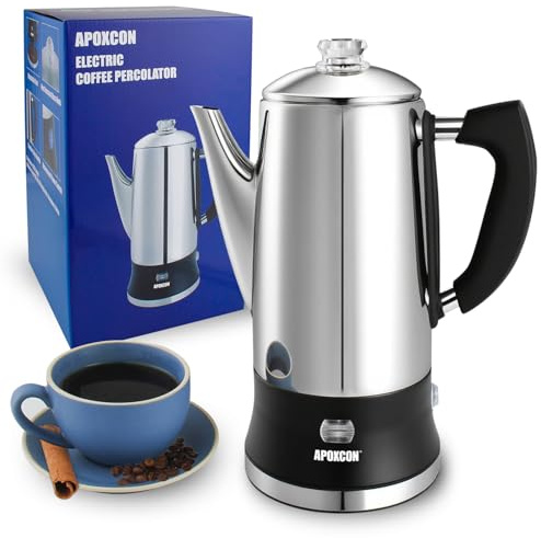 APOXCON Macchina da caffè elettrica, 12 tazze, in acciaio inox, con funzione di mantenimento del calore, pulsante coperchio in vetro, interruttore on/off