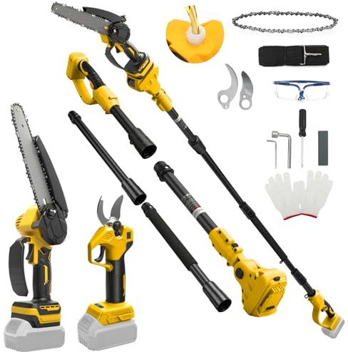 8 Inch Mini Chainsaw with Extension Pole and 30 mm Electric Secateurs Compatible with Dewalt 20V Battery, 4-in-1 Garden Tool Set Maximum Range up to 4.57 m for Tree Trimming Pruning (No Battery)