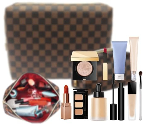 kancehinage Checkered Makeup Bag, 2 Pcs Portable Leather Cosmetic Bag, Travel Toiletry Bag for Women, PERFECT for Christmas, Birthdays, Valentine’s Day