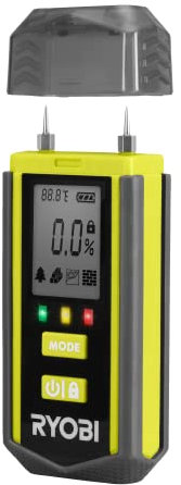 RYOBI - Medidor de Humedad - Rango de Medición de 0% a 99,9% - para Madera, Yeso y Hormigón Aireado - Pantalla LCD y Luces LED Indicadoras - 2 Pilas AAA y Funda Incluidas - RBPINMM1