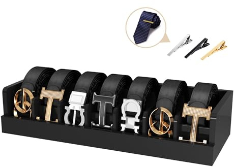 Piconico Belt Storage Organizer Box - 7 Grids Bamboo Belt Organizer for Closet | Wooden Belt Tie Hanger Racks for Men Women Drawer | Belt Display Holder Wall Mount with 2 Pcs Tie Clip (Black)